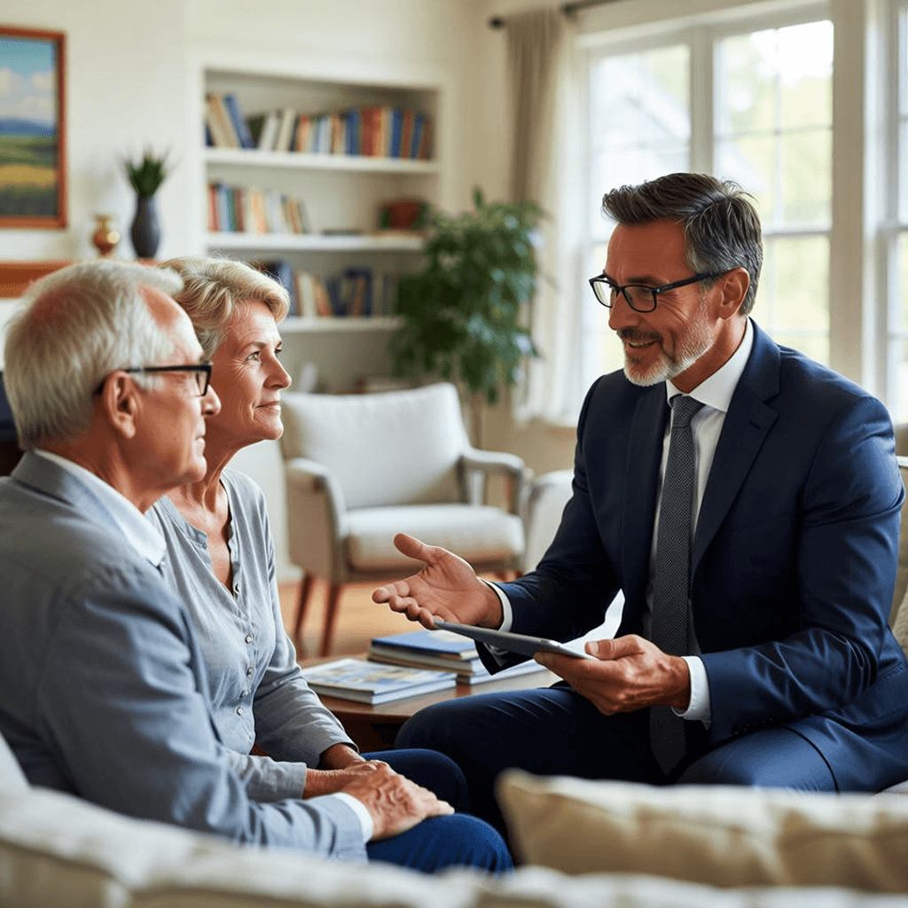 Senior couple discussing home property insurance